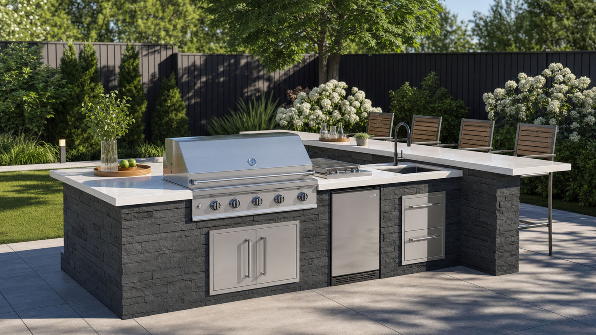 Modern outdoor kitchen with stone cabinetry and stainless steel appliances