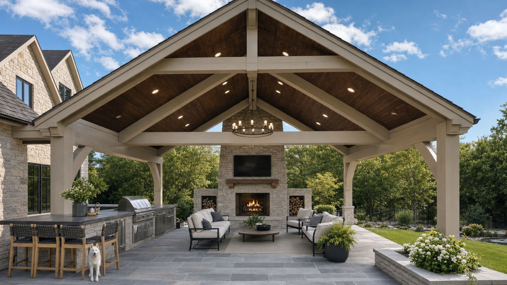 A covered patio addition connecting the home to a complete outdoor living space
