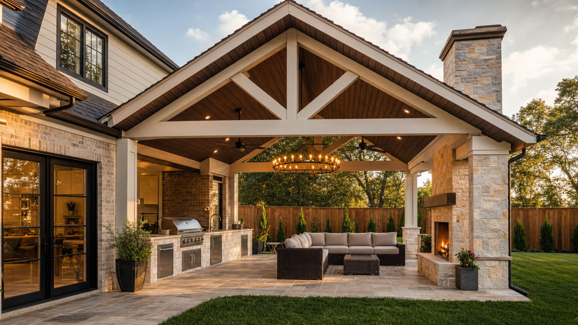 Custom pavilion with an outdoor kitchen, fireplace, and lounge