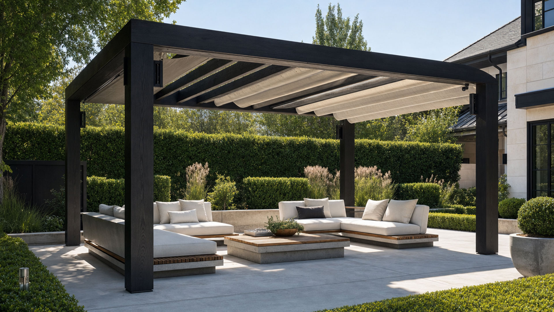 Architectural pergola creating shade over an outdoor sitting area