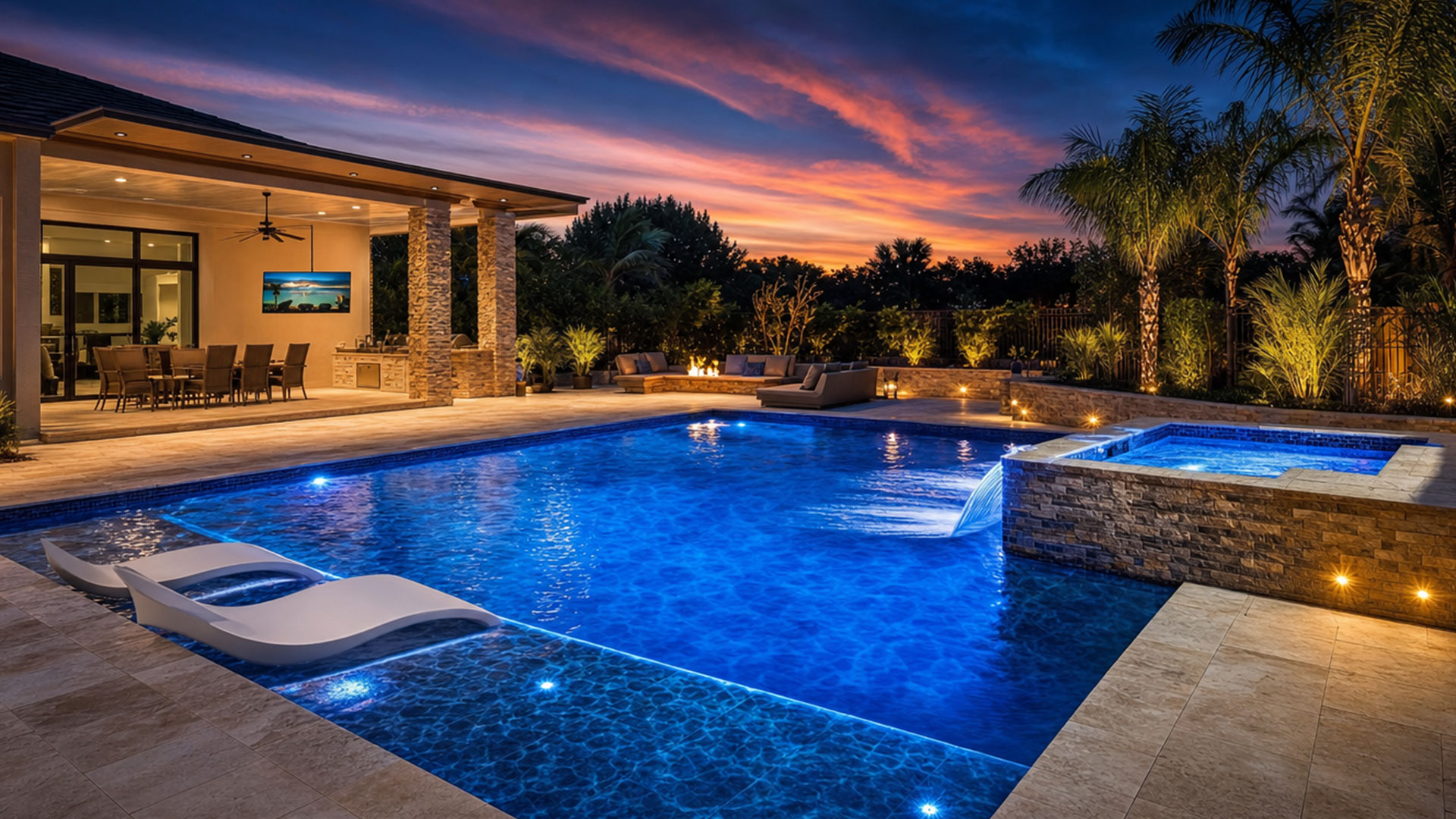 Illuminated pool, spa, covered patio, and landscape at dusk